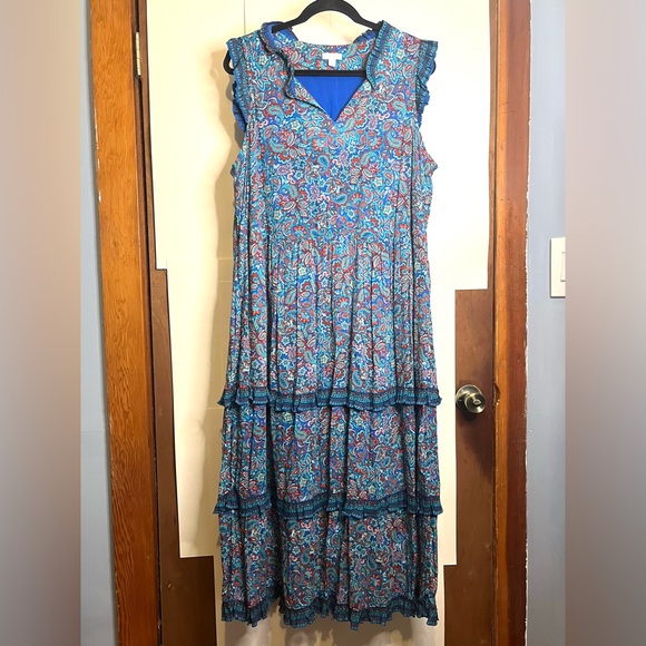 J. Jill Women’s Size L Coastal Ruffles Sleeveless Midi Dress Blue Paisley - Picture 2 of 9